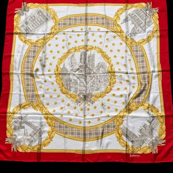 Vintage BURBERRYS Silk Scarf Red Gold Castle Angels & Nova Check Plaid Carre 90 - Picture 1 of 13